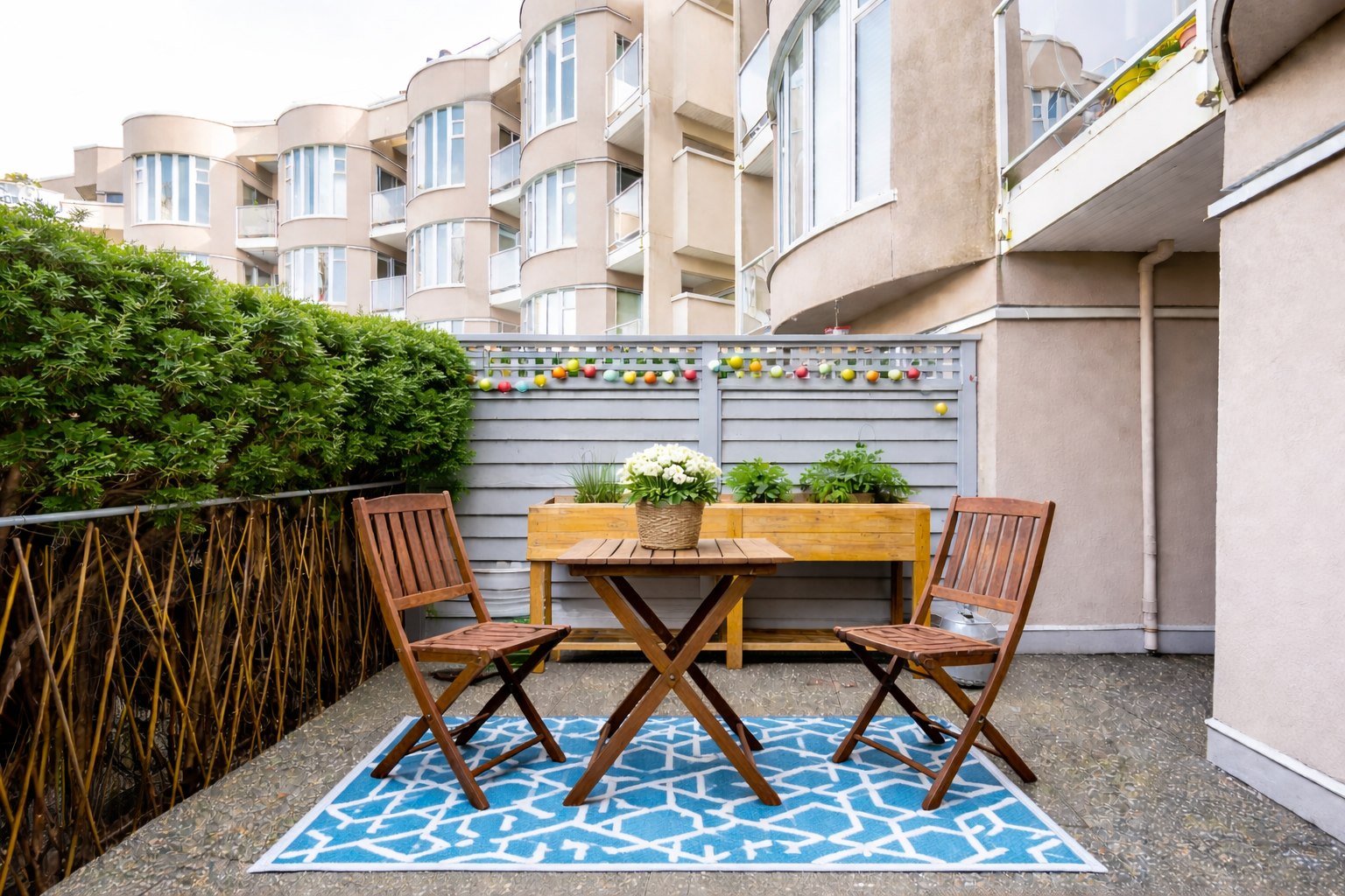 Cozy balcony with lush greenery